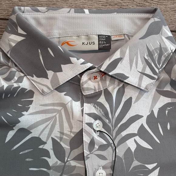 KJUS Other - KJUS Men Golfer Polo Mens 52 Large Grey Tropical Leaf Print UPF 50+ Preppy New